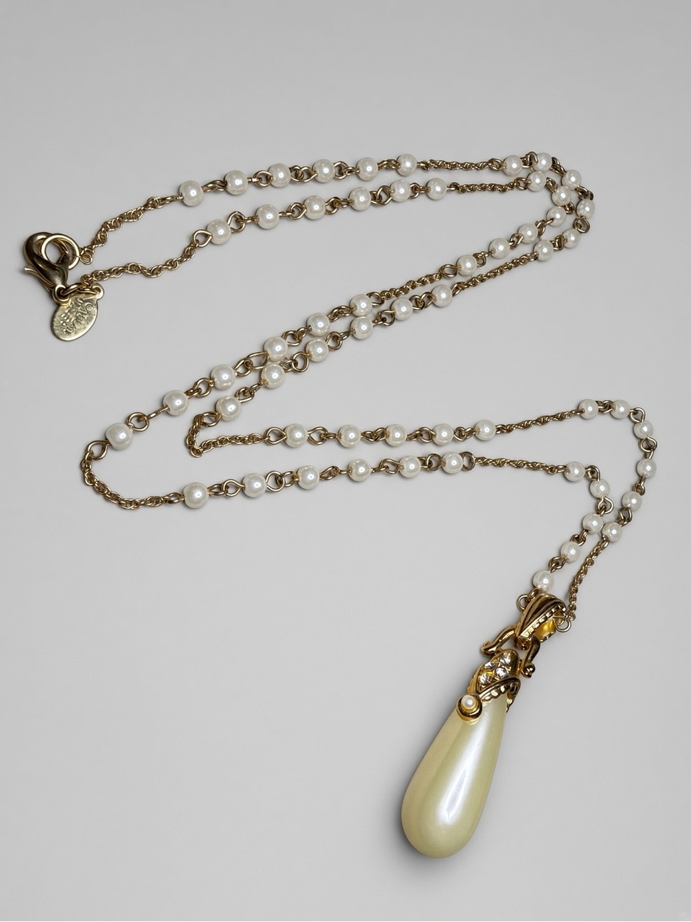Nolan Miller Signed Cream Faux Pearl Teardrop Necklace 32” Gold Tone